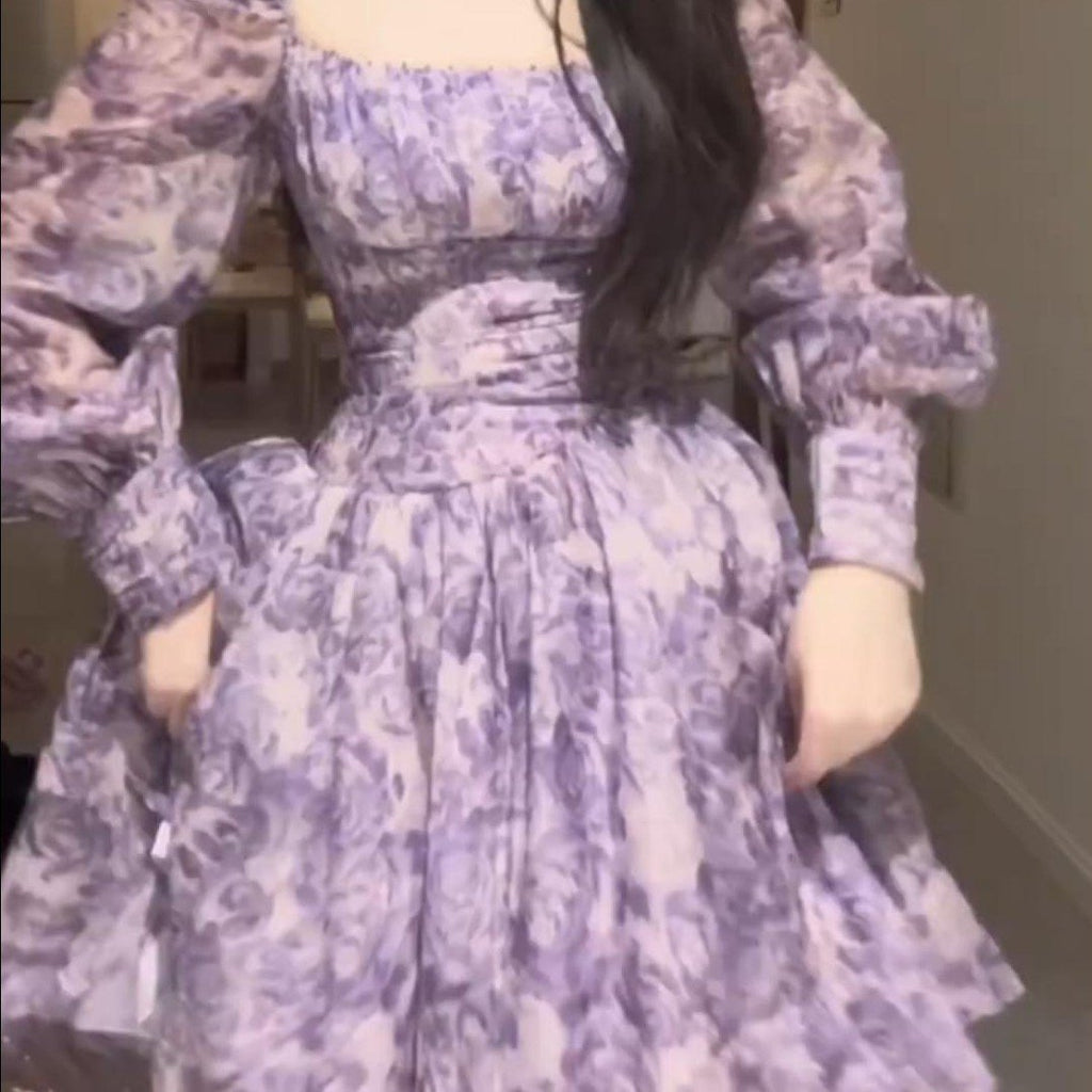 Oversize Floral Dress with Square Neck and Bubble Sleeves